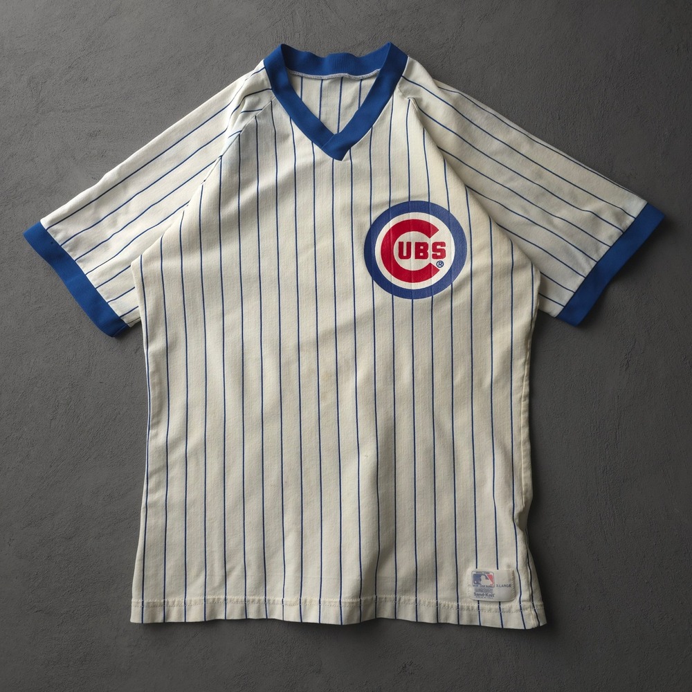 Vintage 80s Sand-Knit White Chicago Cubs Pinstripe T-shirt XL MLB Baseball